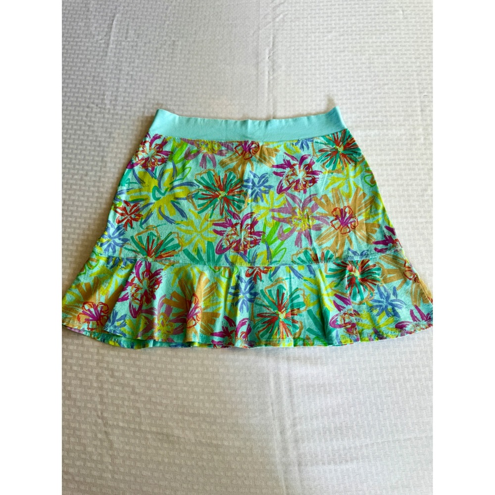 Fresh Produce Floral Mini Skirt Turquoise Tropical Cotton Ruffle Size L 21506